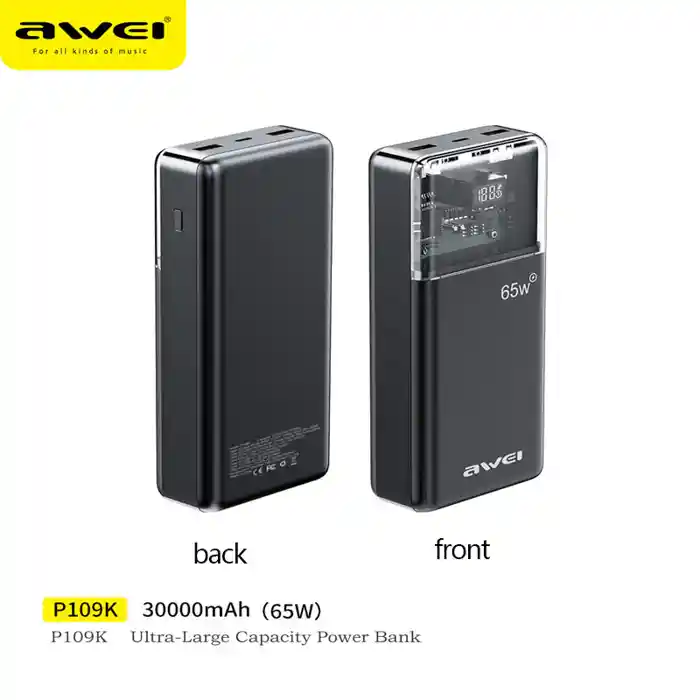 Awei P109K 3 in 1 Power Bank 30000mAh with PD65W Type C Fast Charging Power Bank Portable Travel Power Bank External Backup Battery